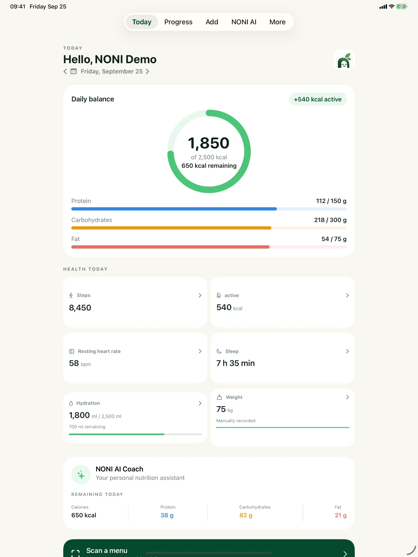 NONI dashboard on iPad