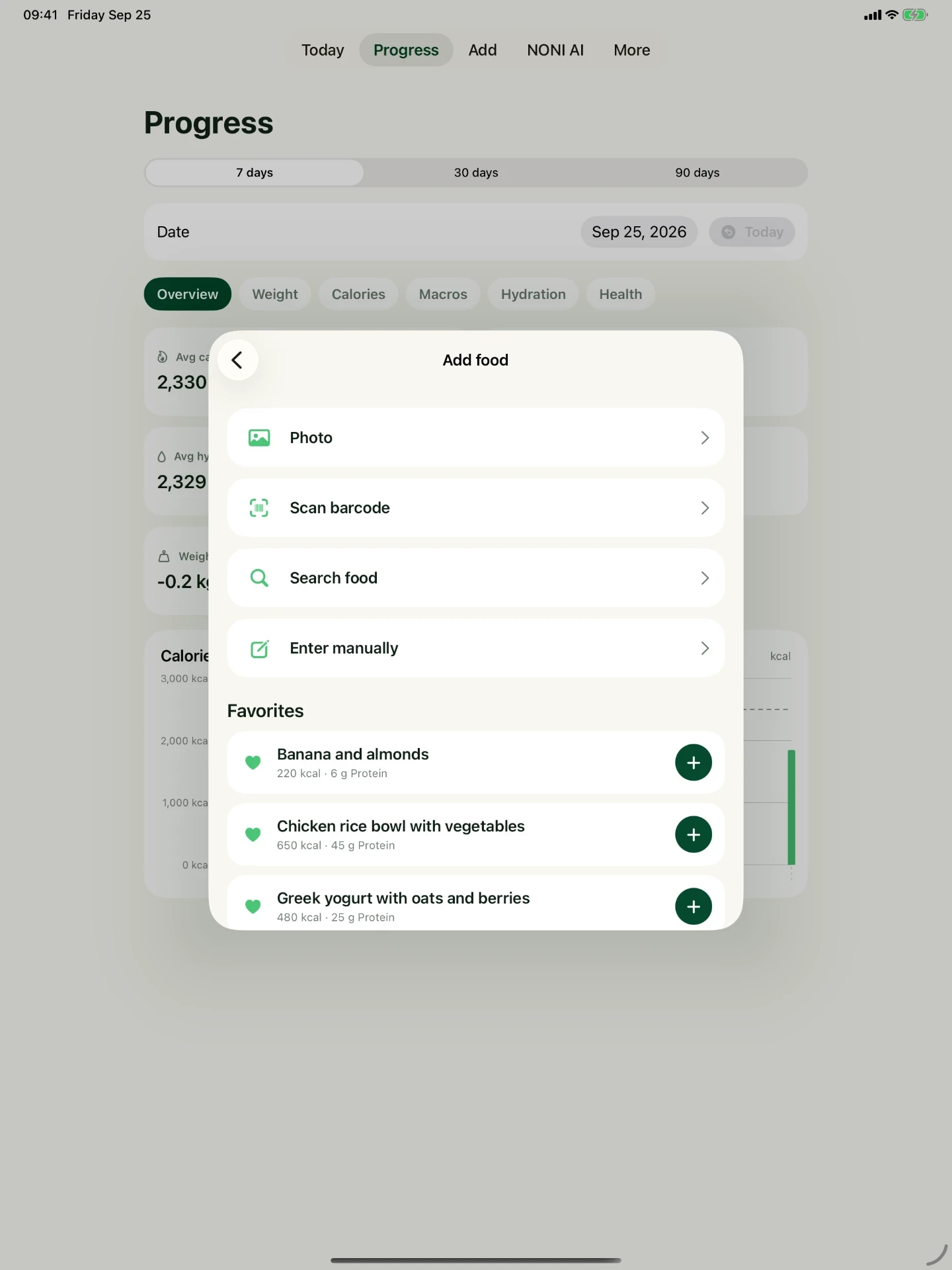 NONI food logging options on iPad