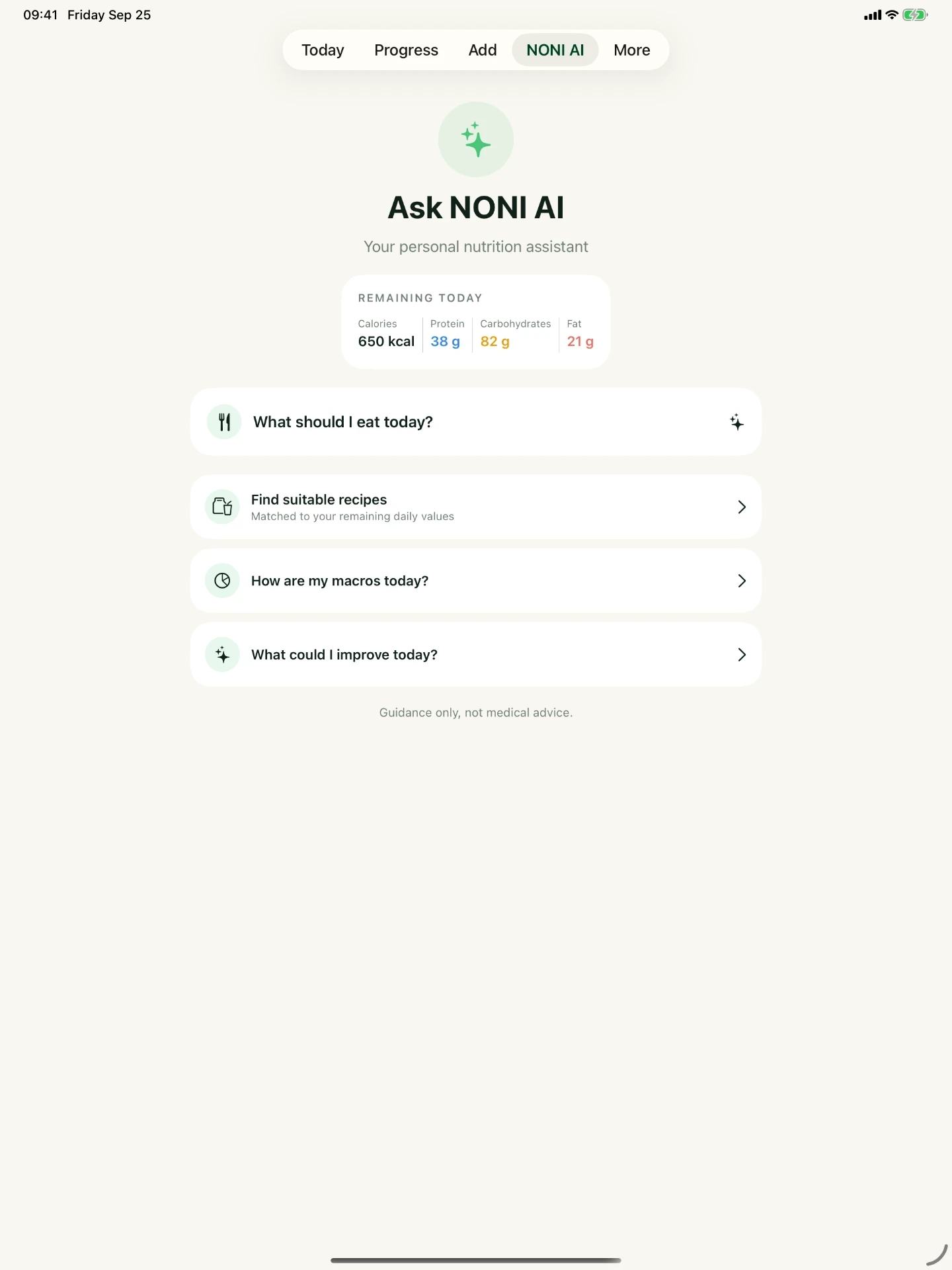 NONI AI with guidance for the nutrition day on iPad