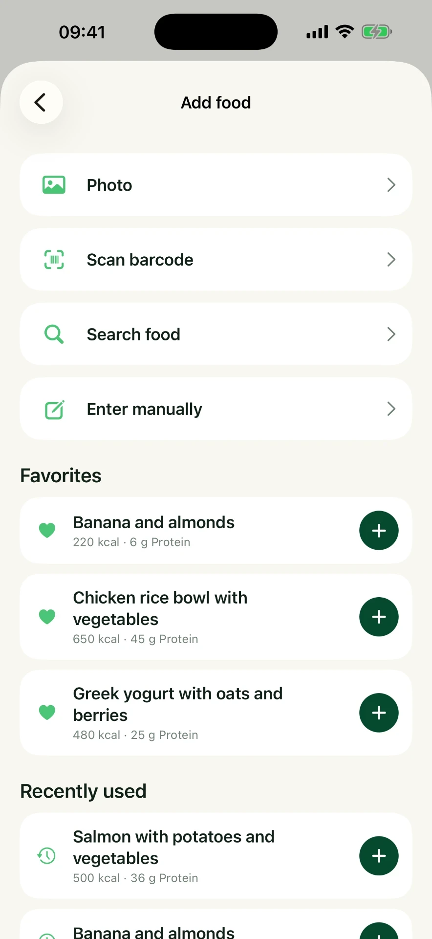 NONI food logging options: search, barcode, photo and manual