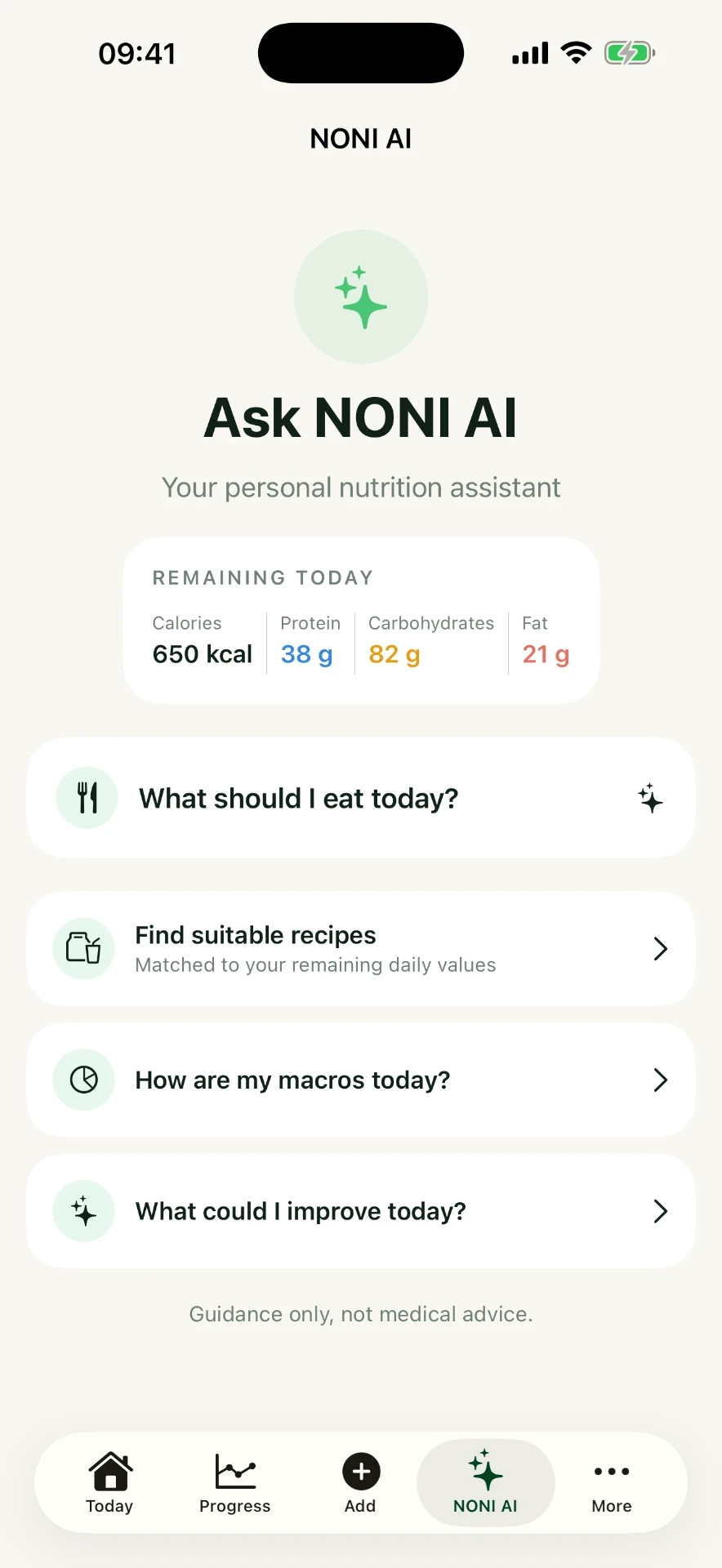 NONI AI with guidance for the nutrition day